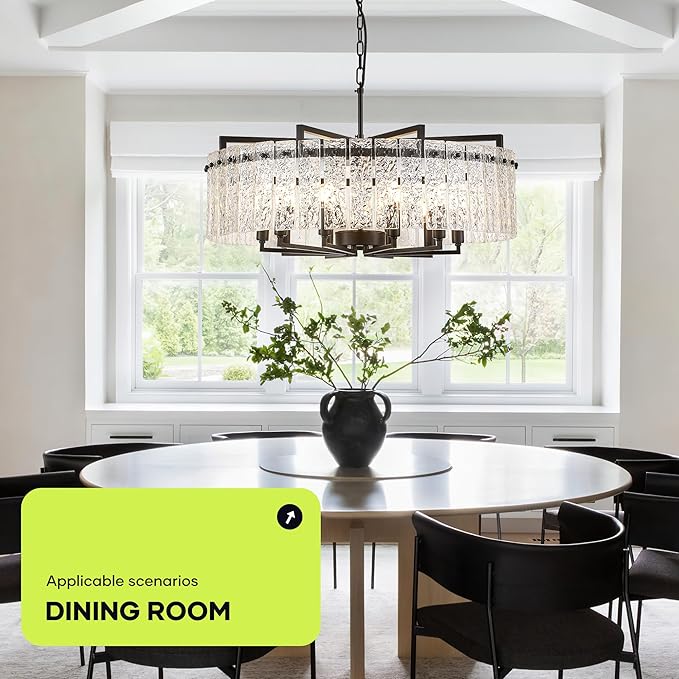 Black Crystal Chandeliers for Dining Room 10-Light, 29.5” Modern Water Ripple Glass Light Fixture, Farmhouse Round Lighting for Kitchen Island, Bar Table