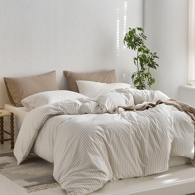 MooMee Striped Duvet Cover Set 100% Washed Cotton Linen Like Textured Breathable Durable Soft Comfy (White Tannish Linen Grey Wide Stripes, Oversized King Plus 128"x120")