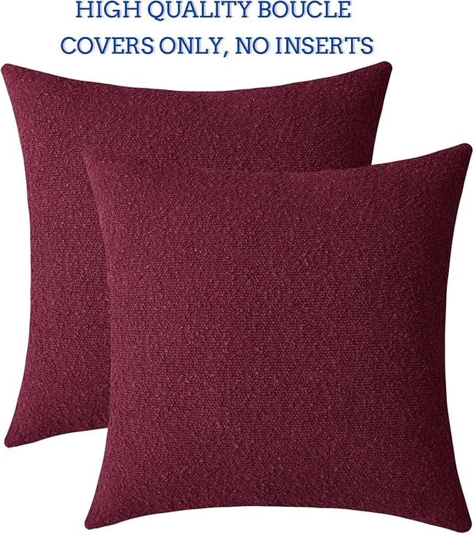 Jeneoo Burgundy Red Decorative Square Thick Throw Pillow Covers Fine Textured Boucle Couch Cushion Cases for Home Livingroom Sofa Decor, Set of 2, 20 x 20 Inch