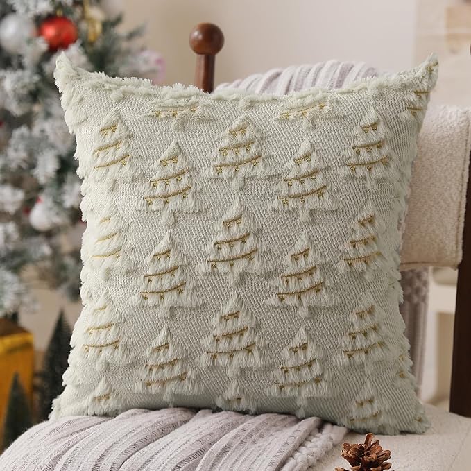 Christmas Pillow Covers 20x20 inch Set of 2 Soft Plush Christmas Decor Cream White Xmax Tree Yellow Colored Lights Decoration Throw Pillow Case for Winter Holiday Sofa Living Room PT003D20