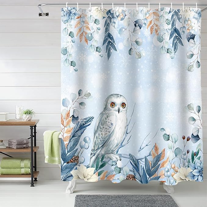 Vandarllin Blue Christmas Shower Curtain, Winter Snowy Owl Poinsettia Eucalyptus Leaves Shower Curtains Set with Hooks, Waterproof Fabric Bathroom Curtains Decor Home Accessories,72 X 78 Inch Long