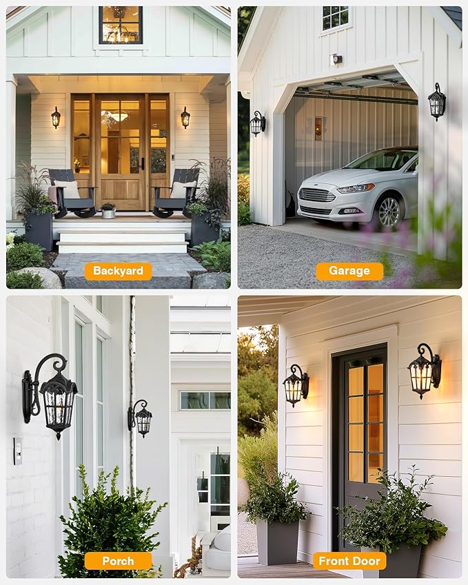 VIANIS Outdoor Wall Light, 16.9" Black Dusk to Dawn Outdoor Lighting with Gold Trim, Outside Light Fixtures Wall Mount with Tempered Water Ripple Glass for Patio, Entryway, Waterproof Anti-Rust
