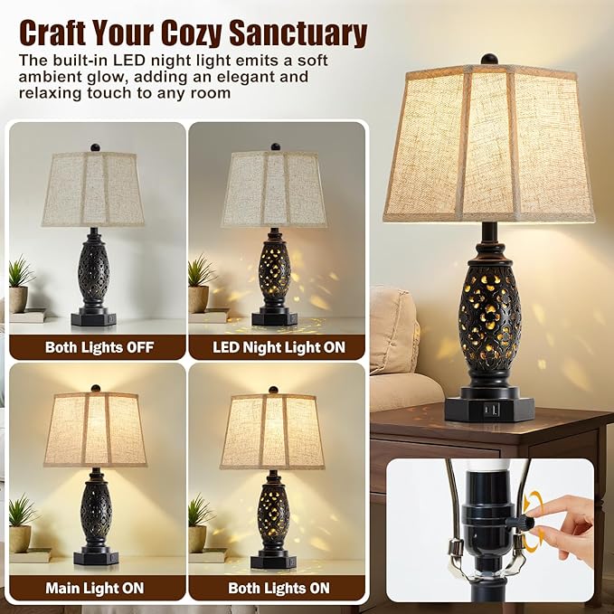 Table Lamps Set of 2-23.5" Vintage Bedside Lamp with USB A+C and Nightlight - Black Carved Resin Retro Desk Lamp for Bedrooms, End Tables, Living Room, Bulbs Included