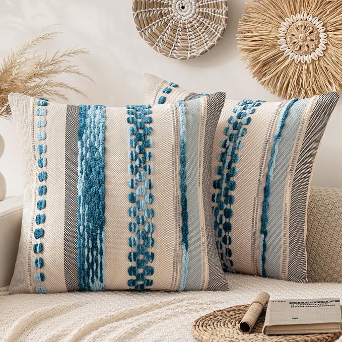 ANRODUO Pack of 2 Boho Decorative Throw Pillow Covers 18x18 Farmhouse Cushion Case Striped Chenille Pillow Cases Square Pillow Covers Accent Neutral Pillowcase for Sofa Couch Bed, Sky Blue Stripe 3