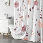 QiyI Small Stall Shower Curtain 36 x 72, Narrow Half Watercolor Floral Bath Curtain, 3D Embossed Pink Brown Flower Cloth Bathroom Curtain, Waterproof Fabric White Shower Curtain Set with Hooks