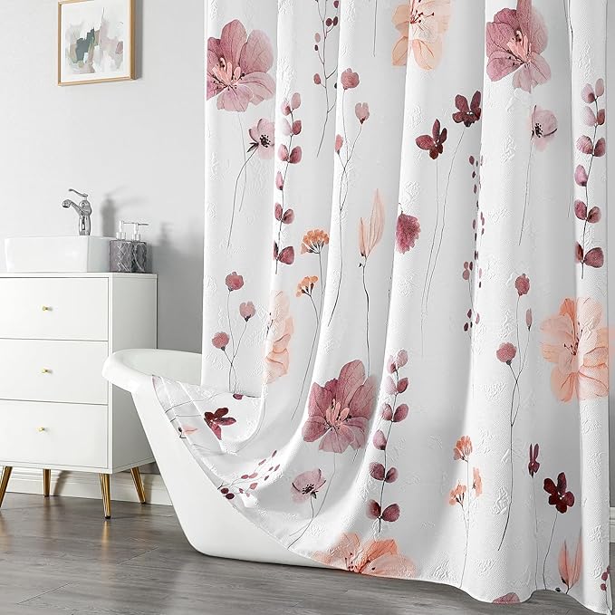 QiyI Small Stall Shower Curtain 36 x 72, Narrow Half Watercolor Floral Bath Curtain, 3D Embossed Pink Brown Flower Cloth Bathroom Curtain, Waterproof Fabric White Shower Curtain Set with Hooks