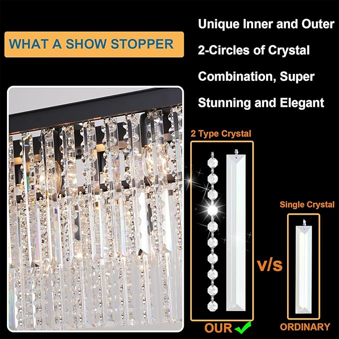 Rectangle Black Dining Room Chandelier Modern Linear Over Table Lighting Fixture 16-Light Chandelier for Kitchen Island, Living Room, Bar
