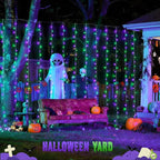 JMEXSUSS 300LED Halloween Curtain Lights with Remote, 9.8x9.8ft Halloween Lights Plug in, Christmas Twinkle Hanging String Light for Bedroom Wall Window Backdrop Indoor Outdoor Decor, Purple and Green
