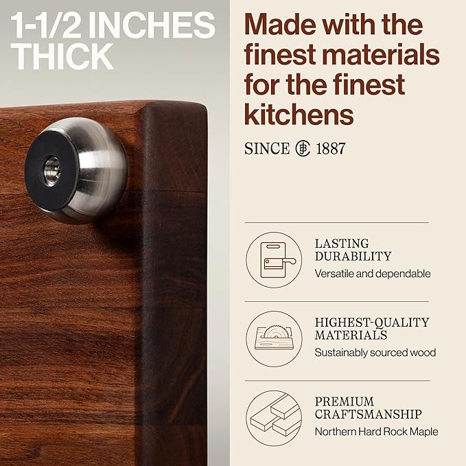 John Boos B Series Square Wooden Walnut Cutting Board 12”x12” – 1.5” Thick, 5-lb Non-Reversible Butcher Block with Stainless Steel Bun Feet & Edge-Grain
