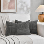 Fancy Homi 2 Packs Dark Gray Long Lumbar Decorative Throw Pillow Covers 12x24 Inch for Couch Bed Sofa, Rustic Farmhouse Boho Home Decor, Soft Striped Corduroy Rectangle Accent Cushion Case 30x60 cm