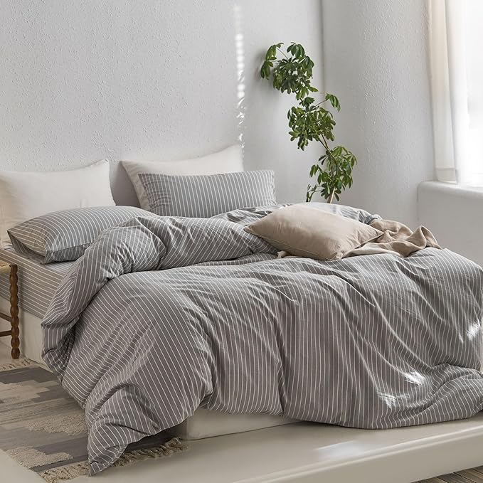 MooMee Striped Duvet Cover Set 100% Washed Cotton Linen Like Textured Breathable Durable Soft Comfy (Light Grey White Wide Stripes, King 104"x90")