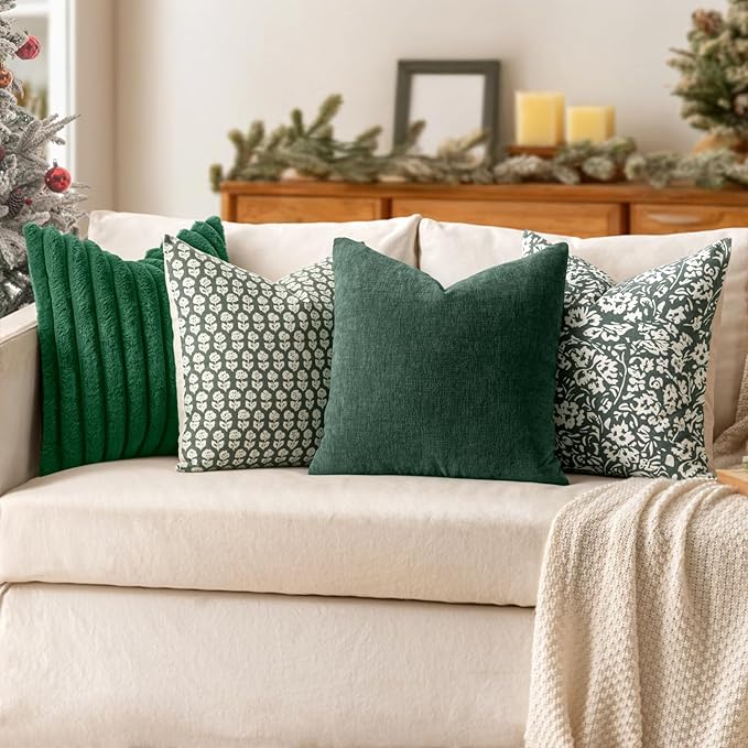MIULEE Faux Fur Christmas Decorative Throw Pillow Covers 20x20 Inch Set of 2, Modern Spring Home Decor Soft Plush Couch Pillows Cozy Fluffy Cushion Covers for Sofa Bed Dark Green