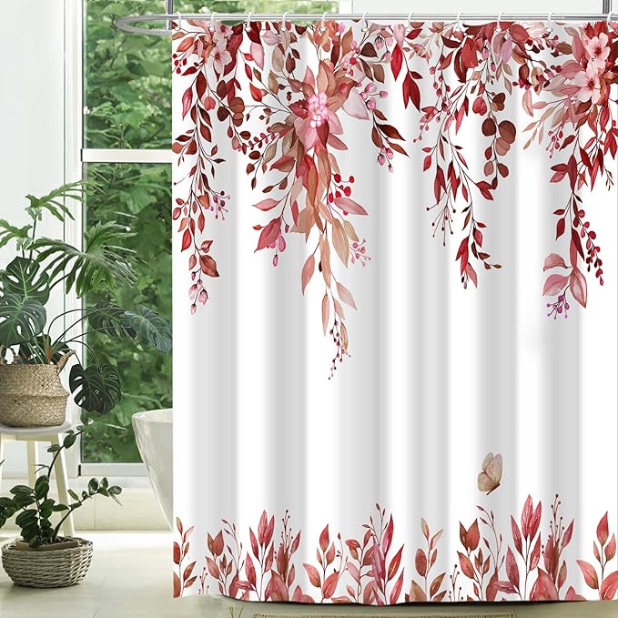 Eucalyptus Shower Curtain, Red Watercolor Leaves with Floral Botanical Bathroom Decor, Waterproof Fabric Bath Curtain Set with Hooks, 72x84 Inches