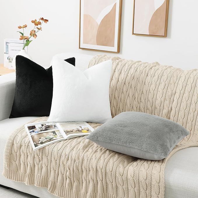 Pallene Faux Fur Plush Throw Pillow Covers 26x26 Set of 2, Luxury Soft Fluffy Cozy Decorative Pillow Covers for Sofa, Couch, Living Room, Black