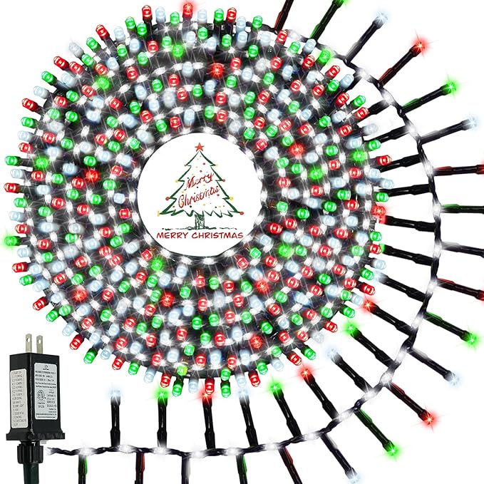 800 LED Christmas Slow Twinkle Cluster Lights, Firecracker Fairy Lights with 15 Modes & Timer Function, 33FT Waterproof String Lights for Indoor Outdoor Tree Christmas Decorations, Red Green and White