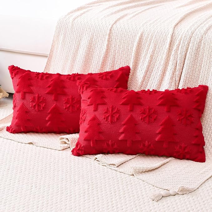 OTOSTAR Set of 2 Xmas Soft Plush Short Wool Velvet Decorative Throw Pillow Covers Rectangular Luxury Style Cushion Case Pillow Shell for Sofa Bedroom Tree and Snowflake Red, 16x24 Inch
