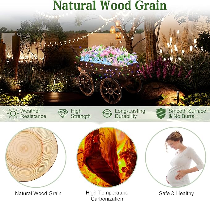 Wood Wagon Planter with Light for Outdoor Balcony Decor - Garden Rustic Wooden Flower Cart with Wheels for Outside Garden Decor Wheelbarrow Planter for Patio Christmas Decoration Gift Car
