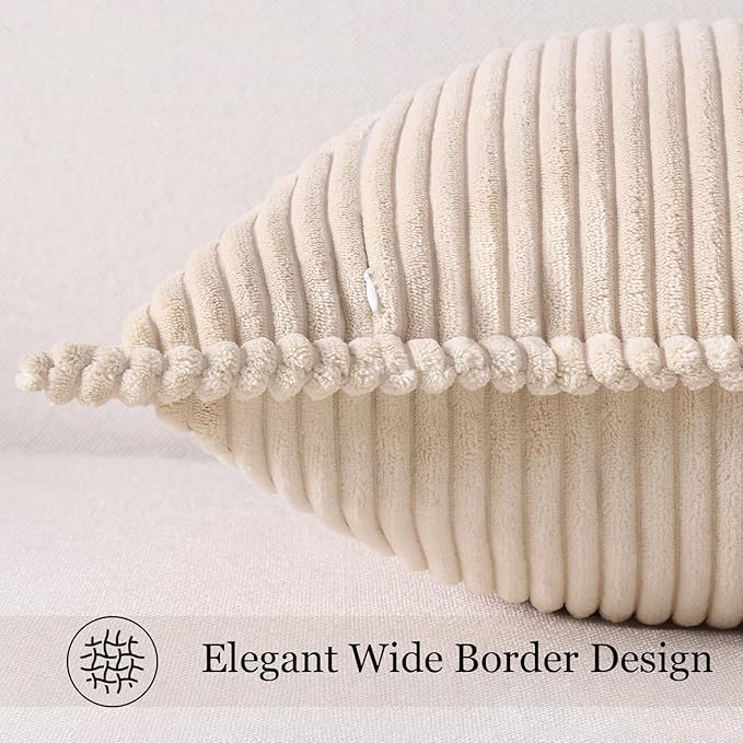 Mecatny Corduroy Throw Pillow Covers 18x18 Set of 2, Neutral Decorative Soft Boho Couch Pillow Covers with Broadside for Sofa Living Room, Beige