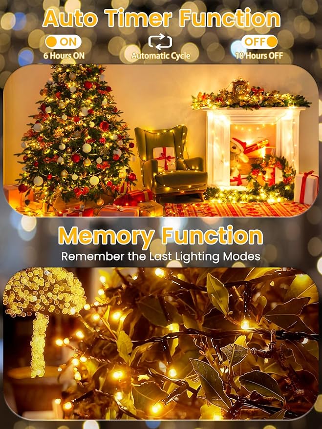 2 Pack Battery Operated Christmas Lights with Timer, 66FT 200 LED Waterproof Battery Twinkle Light, 8 Modes Green Wire Fairy Lights for Indoor & Outdoor Bedroom Tree Christmas Decorations (Warm White)