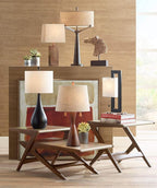 360 Lighting Omar Modern Table Lamp 28 3/4" Tall Warm Brown Wood Hourglass Oatmeal Fabric Tapered Drum Shade for Bedroom Living Room House Home Bedside Nightstand Office Entryway Kids Family