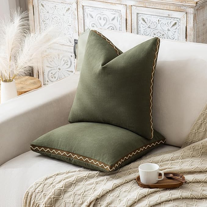 Olive Green Linen Cotton Throw Pillow Covers 18x18 Inch Set of 2, Modern Boho Aesthetic Accent Pillow Cases with Woven Flange for Couch Sofa Bed Room Earthy Tone Home Decor