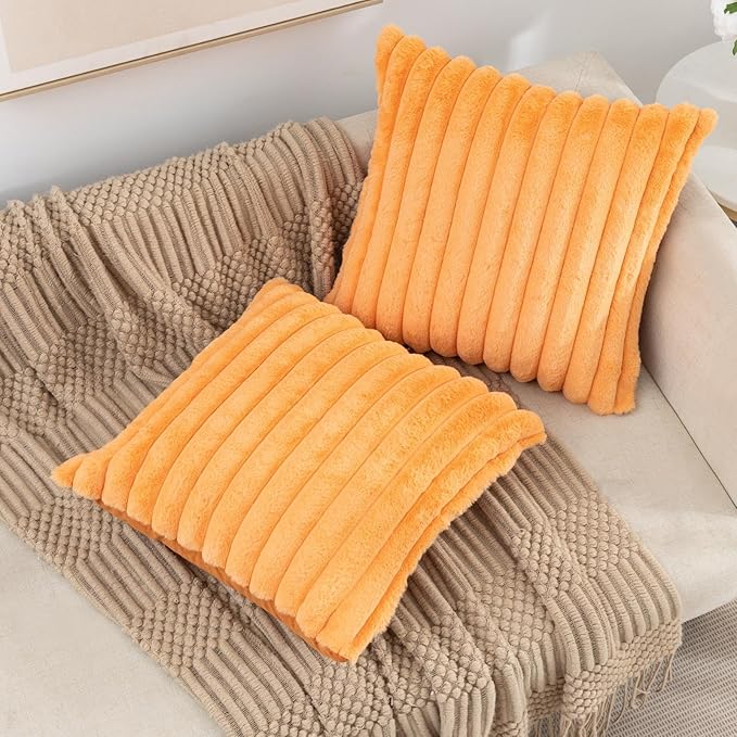 ZLINA Set of 2 Orange Faux Fur Decorative Throw Pillow Covers Fluffy Striped Pillowcase Cushion Covers 26 x 26 Inch Decor Sofa Couch Bedroom