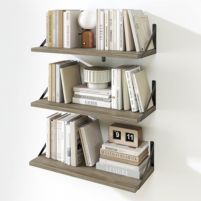 Fun Memories Floating Bookshelves, Set of 3 Wall-Mounted Wood Shelves 24" W x 8" D, Decorative Wall Shelf for Living Room, Bedroom, Bathroom, and Laundry Room (Grey)