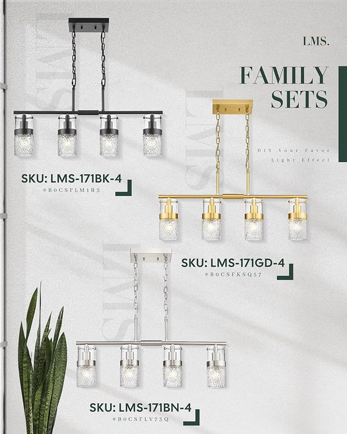 LMS 4-Light Brushed Nickel Island Chandelier Lights for Kitchen, Mid Century Pendant Light with Hammered Glass Shade, Farmhouse Dining Room Light Fixture, Kitchen Island, LMS-171BN-4