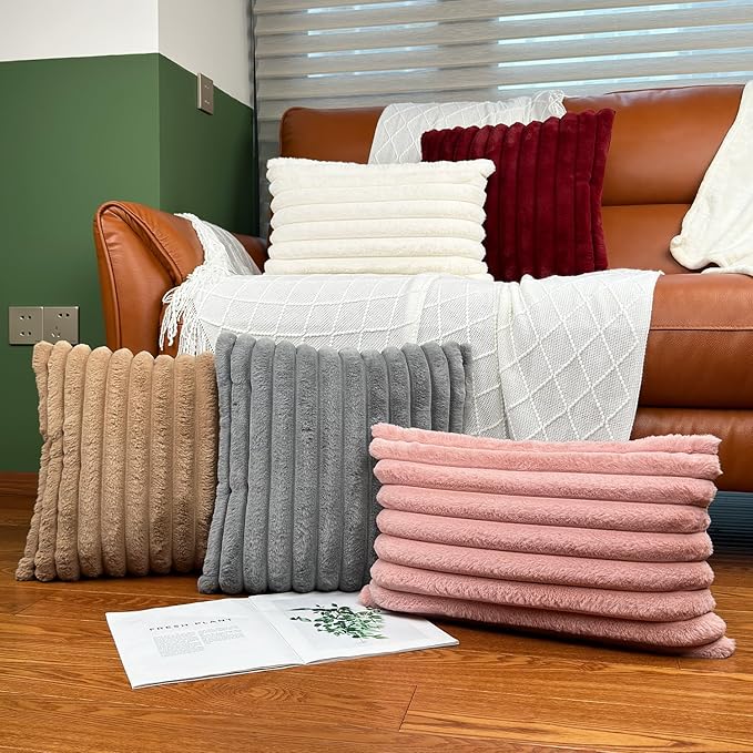 12x20 Throw Pillow Covers Set of 2, Decorative Faux Fur Covers for Bed, Couch Soft Fluffy Pillow Cover with Velvet Back for Living Room, Neutral Home Décor Accent for Sofa - Pink