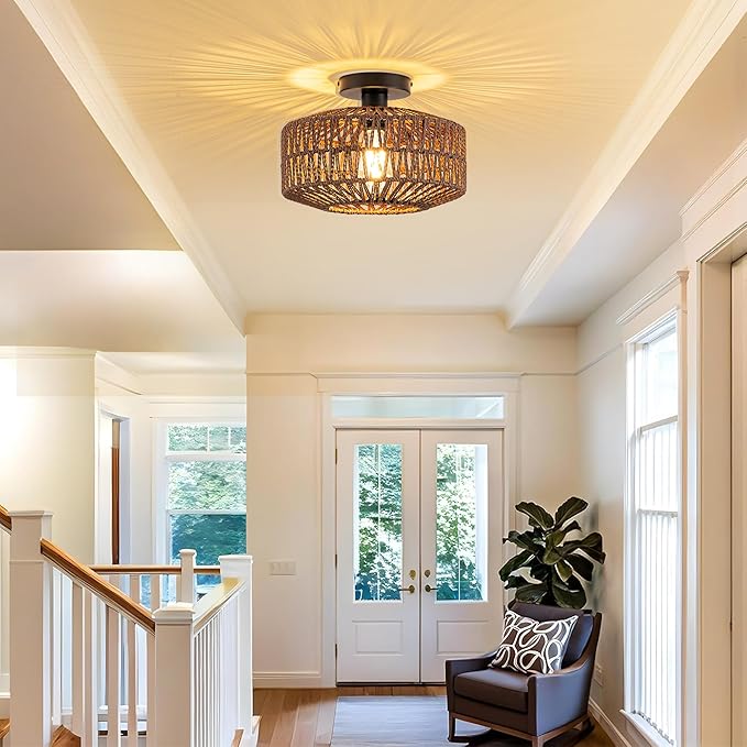 MAYNA 11.8" Rattan Ceiling Light, Mini Boho Light Fixture with LED Bulb, Hand Woven Bohemian Ceiling Light Fixtures Flush Mount for Hallway Bedroom Living Room Dining Room Entryway