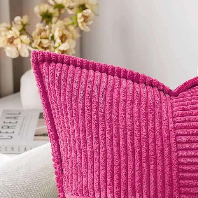 MIULEE Decorative Throw Pillow Covers for Couch Bed Livingroom 18x18 Inch Set of 2 Hot Pink Boho Accent Throw Pllows Broadside Striped Patchwork Soft Corduroy Pillowcases