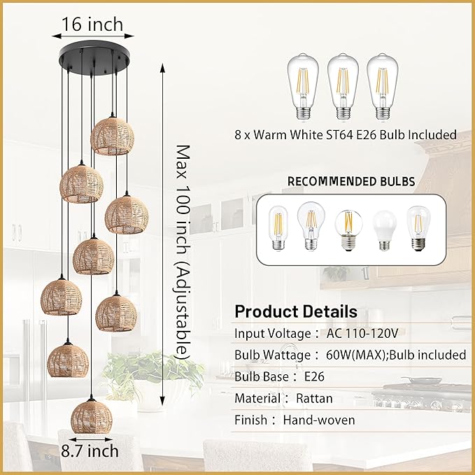 8-Light Woven Foyer Chandeliers for High Ceiling H100",8 Dome Boho Rattan Pendant Lights Farmhouse Ceiling Light,rustic Hemp rope Light Fixture For Living Room Hallway Staircase Entryway (Bulb Incl.