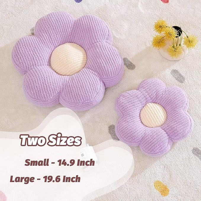 Flower Pillow, Cute Daisy Decorative Pillow for Bed, Soft Home Decor Floor Seating Cushion (Lavender, 14.9 Inches)