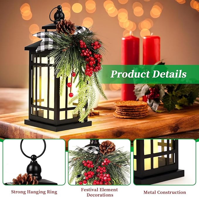 Metal Christmas Decorative Candle Lantern with Led Light,Plaid Ribbon,Lighted Hanging Vintage Lanterns for Home Decor Table Fireplace Porch Indoor Outdoor Decorations,Serpro