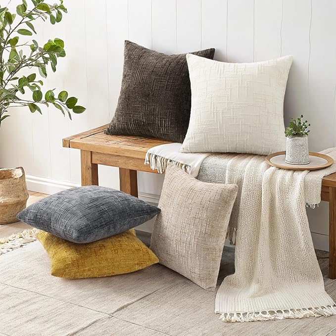 decorUhome Mustard Yellow Chenille Throw Pillow Covers 18x18 Set of 2 Thick Textured Slubby Couch Pillow Covers Farmhouse Accent Modern Neutral Decorative Pillow Cases for Bed Sofa Living Room