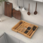 Bamboo Kitchen Drawer Organizer, Expandable Utensil Organizer with Removable Knife Block, Cutlery Tray Holder with Divider, Adjustable Silverware Organizer, Wood Tableware Dividers Storage