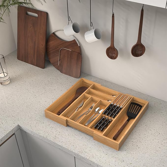 Bamboo Kitchen Drawer Organizer, Expandable Utensil Organizer with Removable Knife Block, Cutlery Tray Holder with Divider, Adjustable Silverware Organizer, Wood Tableware Dividers Storage