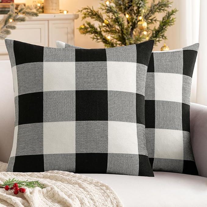 MIULEE Pack of 2 Halloween Classic Farmhouse Buffalo Check Plaids Linen Soft Solid Decorative Square Throw Pillow Covers Black and White Home Decor Outdoor Cushion Case for Sofa Bedroom 20 x 20 Inch