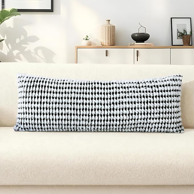 Boho Chenille Tufted Pillow Cover 14x36 Inch Set of 1, Farmhouse Striped Decorative Pillow Covers Accent Fluffy Neutral Long Body Bolster Pillow for Couch Sofa Bedroom Living Room, Black White