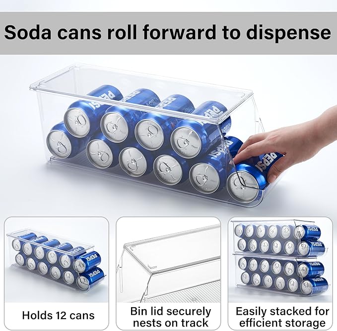 Prsildan Large Soda Can Organizer with Lid, Rolling Soda Can Dispenser for Refrigerator, Clear Acrylic Drink Dispenser for Fridge Organizer Bins Stackable Pantry Storage - Holds 12 Cans Each