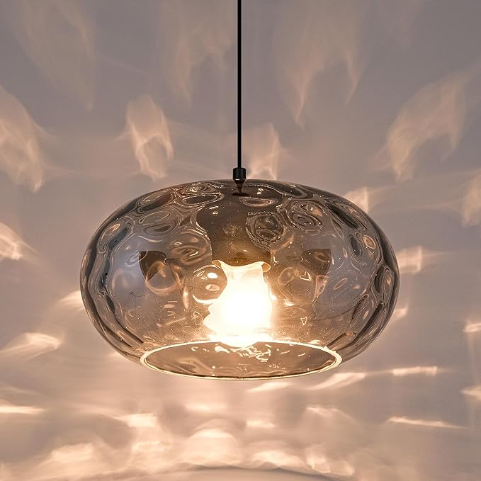 Smoked Grey Glass Pendant Lighting, 11" Hammered Lampshade Hanging Lamp, 1-Light Matte Black Chandelier for Dining Living Room Kitchen Island