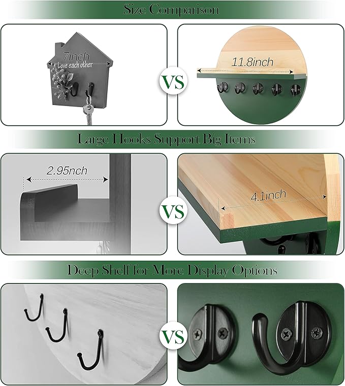 Key Holder for Wall with Shelf - Wood Mail Organizer and Rack with Shelf Hooks Wall Mounted for Entryway Decor Magazines Letter Storage Farmhouse Living Room Bedroom Doorway Green