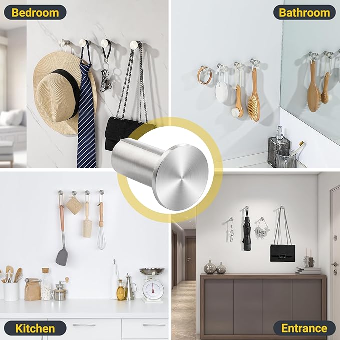 SAYAYO Brushed Nickel Towel Hook for Bathrooms, Heavy Duty Wall Hooks for Hanging, Modern Coat Hooks SUS 304 Stainless Steel Robe Hook 4 Pcs