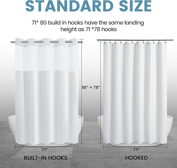Long No Hook Shower Curtain with Snap in Liner,230GSM Waffle Weave Shower Curtains for Bathroom,71W x 80H(78"),White