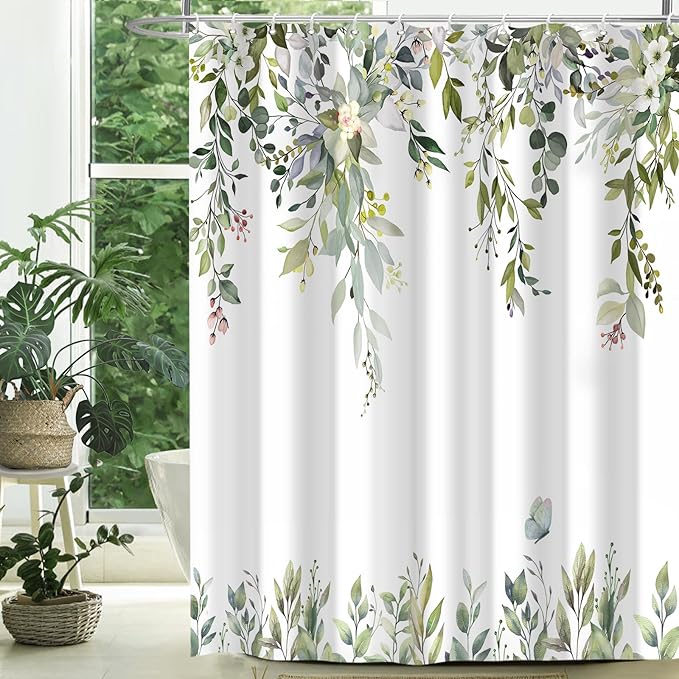 Eucalyptus Shower Curtain, Sage Green Watercolor Leaves with Floral Botanical Bathroom Decor, Waterproof Fabric Bath Curtain Set with Hooks, 72x72 Inches