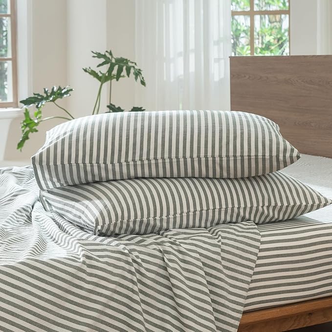 MooMee Striped Duvet Cover Set 100% Washed Cotton Linen Like Textured Breathable Durable Soft Comfy (Heathered Green Classic Stripes, King 104"x90")