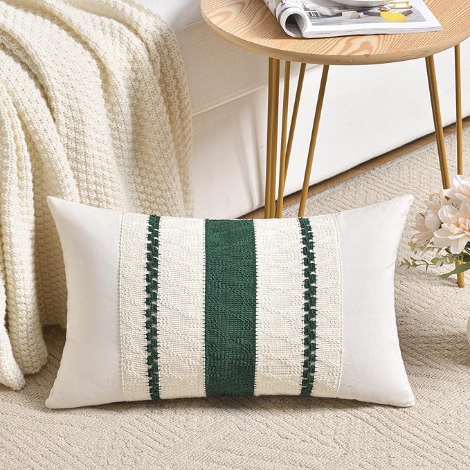 Fancy Homi Set of 1 Dark Green Boho Lumbar Decorative Throw Pillow Covers 12x20 Inch for Couch Bed Sofa Bedroom, Modern Farmhouse Vintage Forest Green Living Room Decor