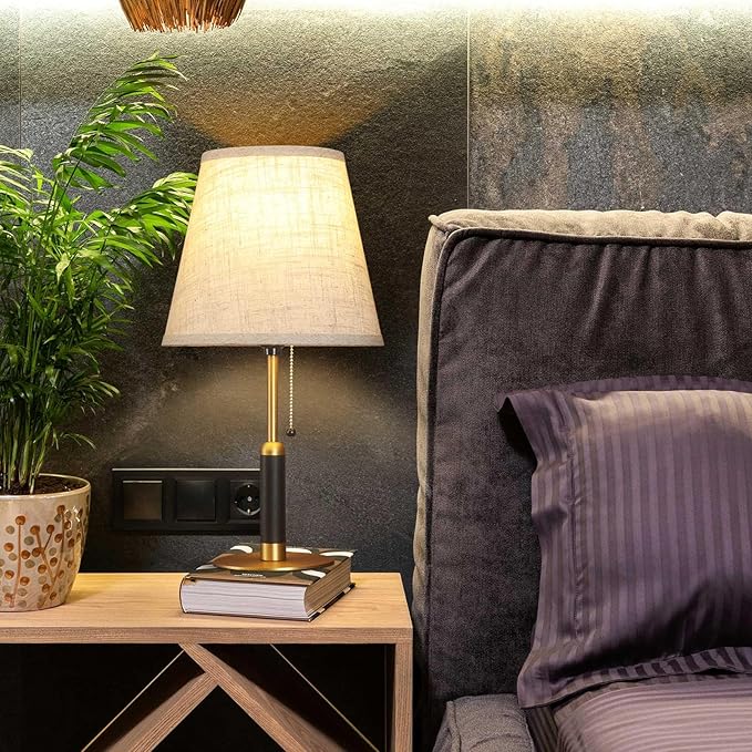 18.9" Modern Table Lamp Bedside Lamps for Nightstand Lamp for Bedroom Living Room End Tables 3-Color Night Light Pull Chain Switch Wood Fabric for Home Office Dorm Decor (Light Brown+Brass)