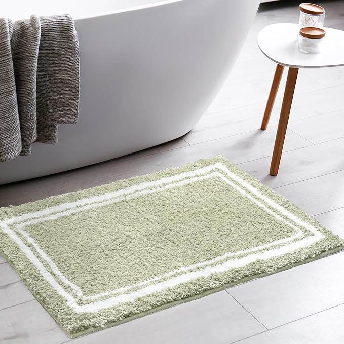 Tititex Luxury Sage Green White Frame Line Bathroom Rug, 24x36 inch Extra Soft and Absorbent Microfiber, Non-Slip Plush Shaggy Bath Carpet, Bath Mats for Floor, Tub and Shower