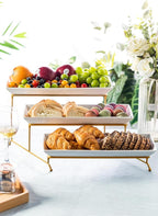 LYEOBOH 3 Tier Serving Stand and Platters Set Large Tiered Serving Platters with Collapsible Sturdier Rack 14 Inches Tiered Serving Tray for Appetizer Fruit, Dessert and Cupcake, White